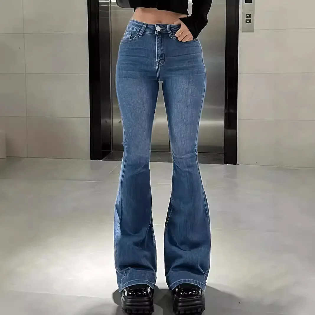2025 Spring Harajuku Slim Jeans Female Vintage Slim Streetwear Style Retro Y2K Pants Women's High Waist Flared Denim Trouser