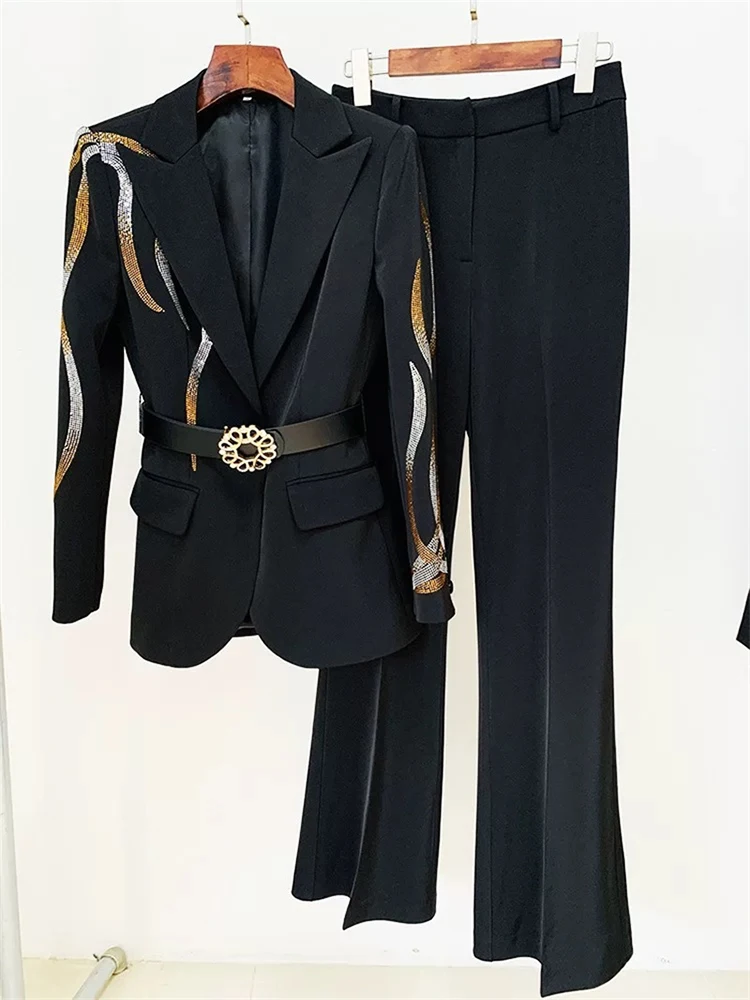 DEAT Elegant 2 Pcs Set Lapel Diamond Belt Waist Coat High Waist Slim Flare Pant Women's Suit 2024 Autumn New Fashion 35Z1558