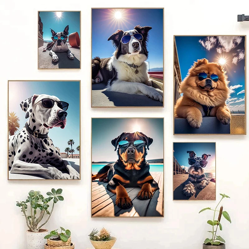 Interesting Cute Puppy Wear Sunglasses Beach Basking Animal Poster Canvas Paintings Wall Art Pictures Home Decor