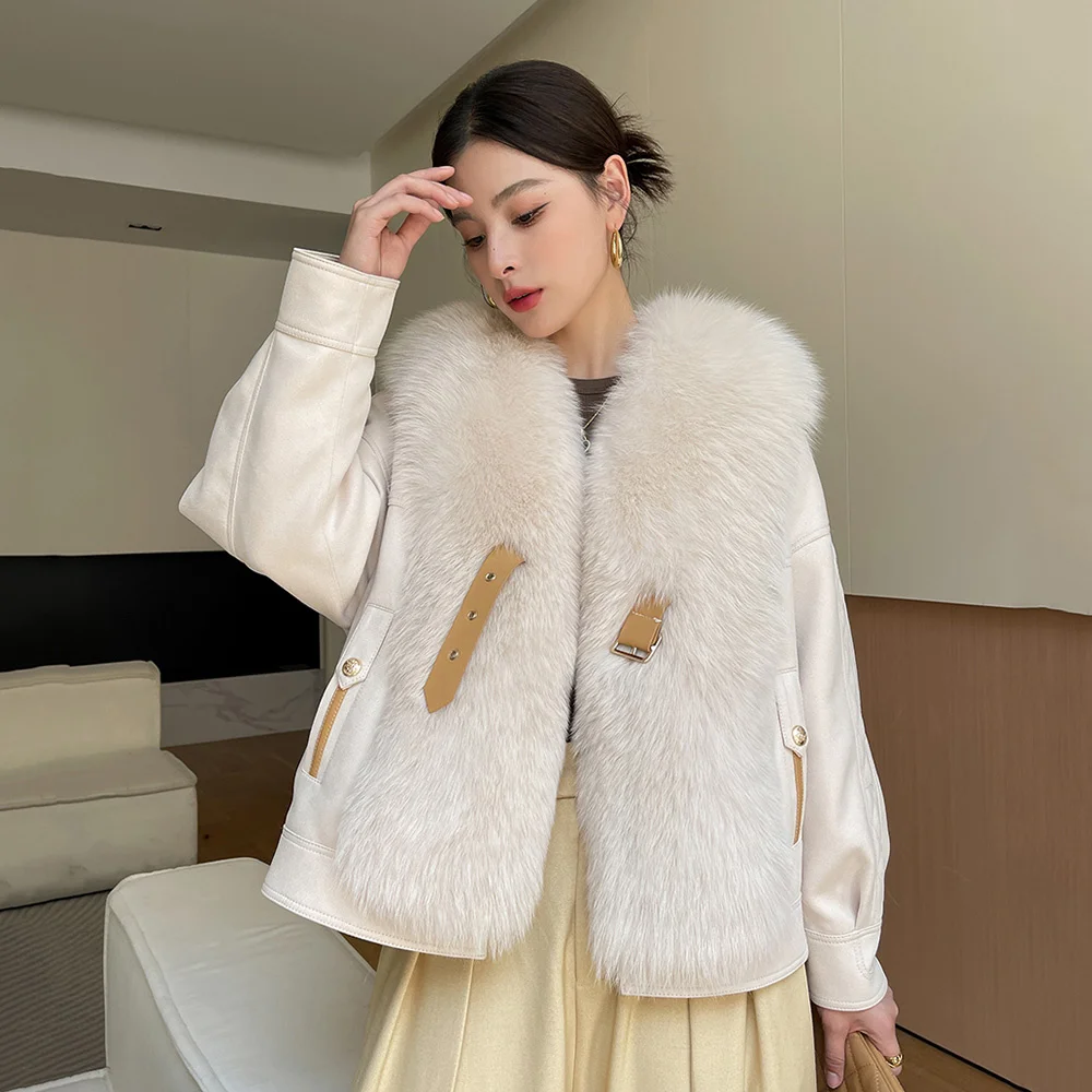 Fur New Women Real Coat Autumn Winter Fashion V-Neck With Fox Fur Collar Patchwork Suede Double-faced Fur Jacket Loose Outerwear