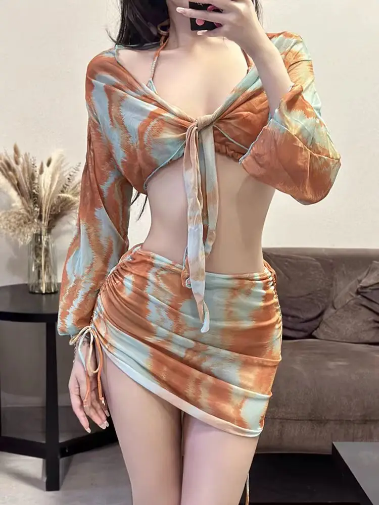 

4-х предметные разделенные купальники для женщин, комплект бикини с лямкой на шее, купальник с эффектом пуш-ап и длинными рукавами, летние купальные костюмы