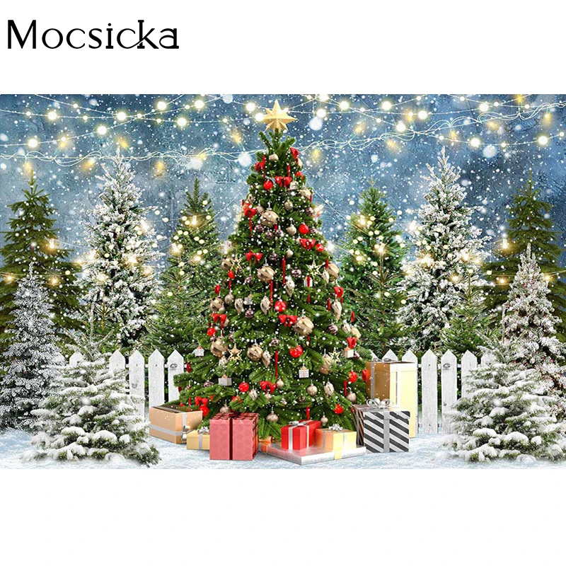Mocsicka-Fondo de fotografía de árbol de Navidad grande, decoración de bosque nevado de invierno, retrato de niños y adultos, pancarta de fondo para fotografía