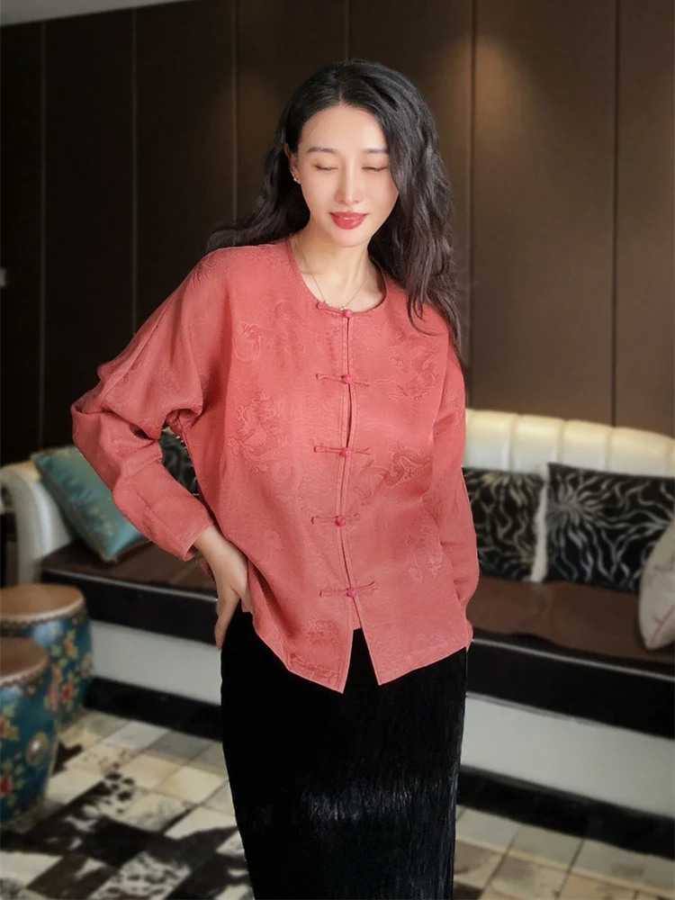 

Silk Comfortable Women's irt Versatile Light Weight Chinese Sle round Ne Long Sve Pure Color Busin Casual irt
