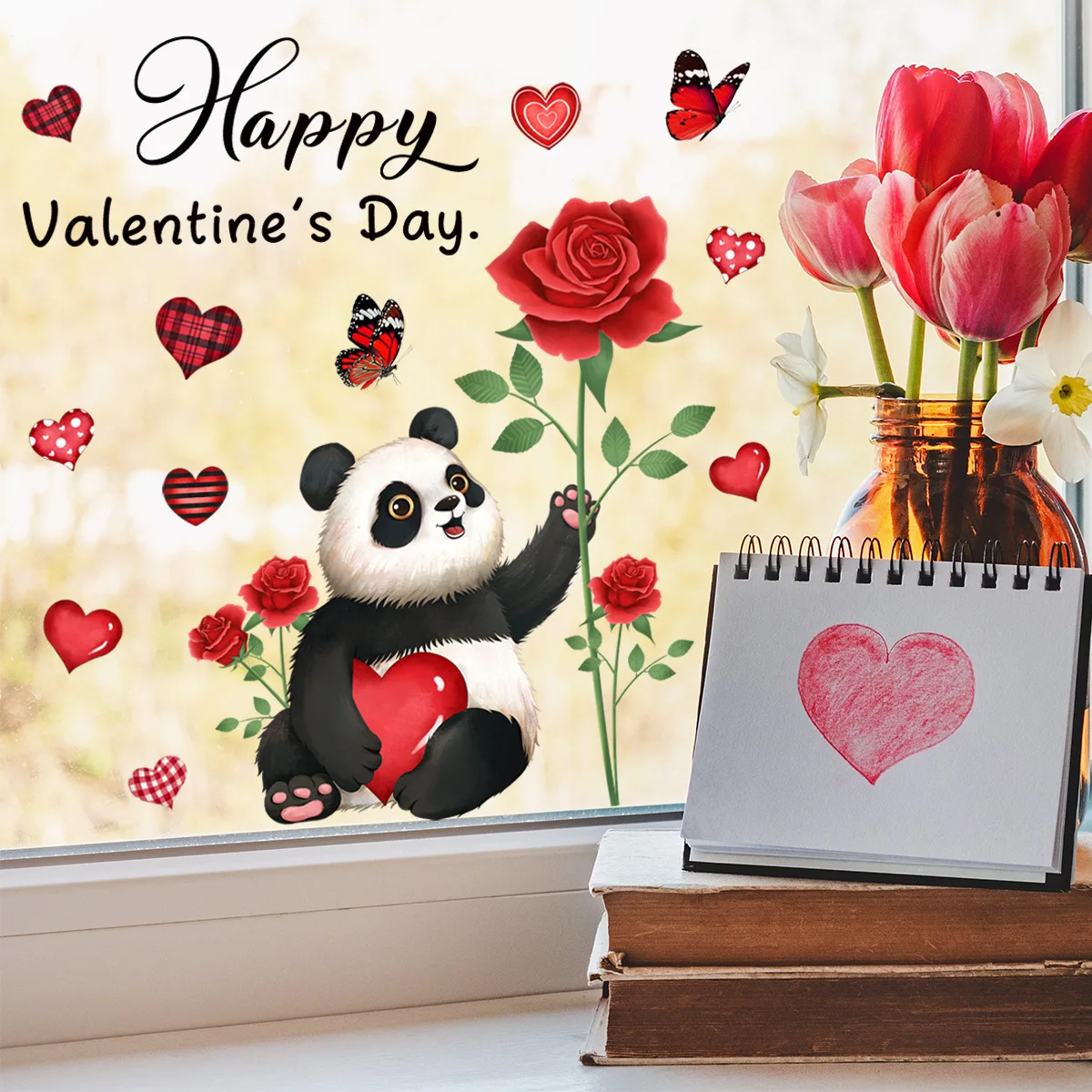 30*30cm Valentine's Day Window Stickers Valentine's Rose Love Window Glass Stickers Double-sided Visual Wall Stickers Dj2033