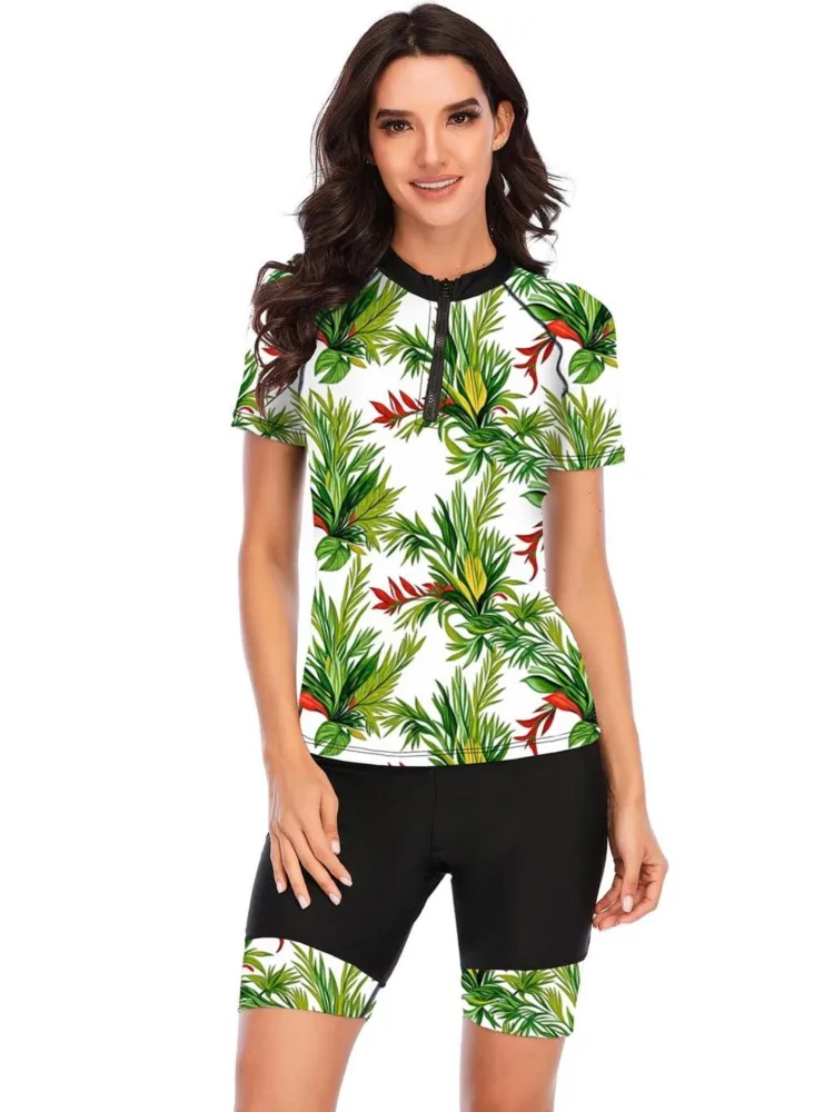 

2025 спортивный купальник для серфинга с короткими рукавами, женский купальник из двух предметов, купальник с принтом, монокини, купальный костюм, тропическое боди, женский