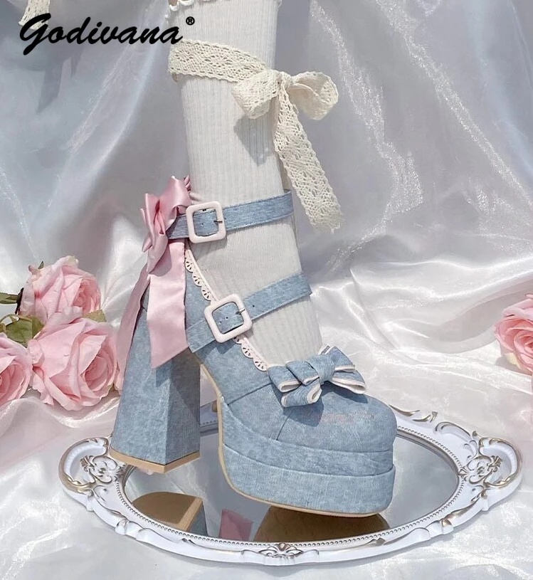 

Lolita Shoes Mary Jane High Heels Spring Summer Women's Sweet Bowknot Waterproof Platform Elegant Girl Paltform Pumps