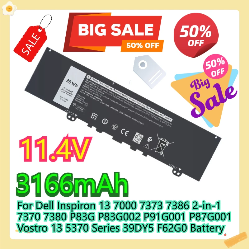 For Dell Inspiron 13 7000 7373 7386 2-in-1 7370 7380 P83G P83G002 P91G001 P87G001 Vostro 13 5370 Series 39DY5 F62G0 Battery