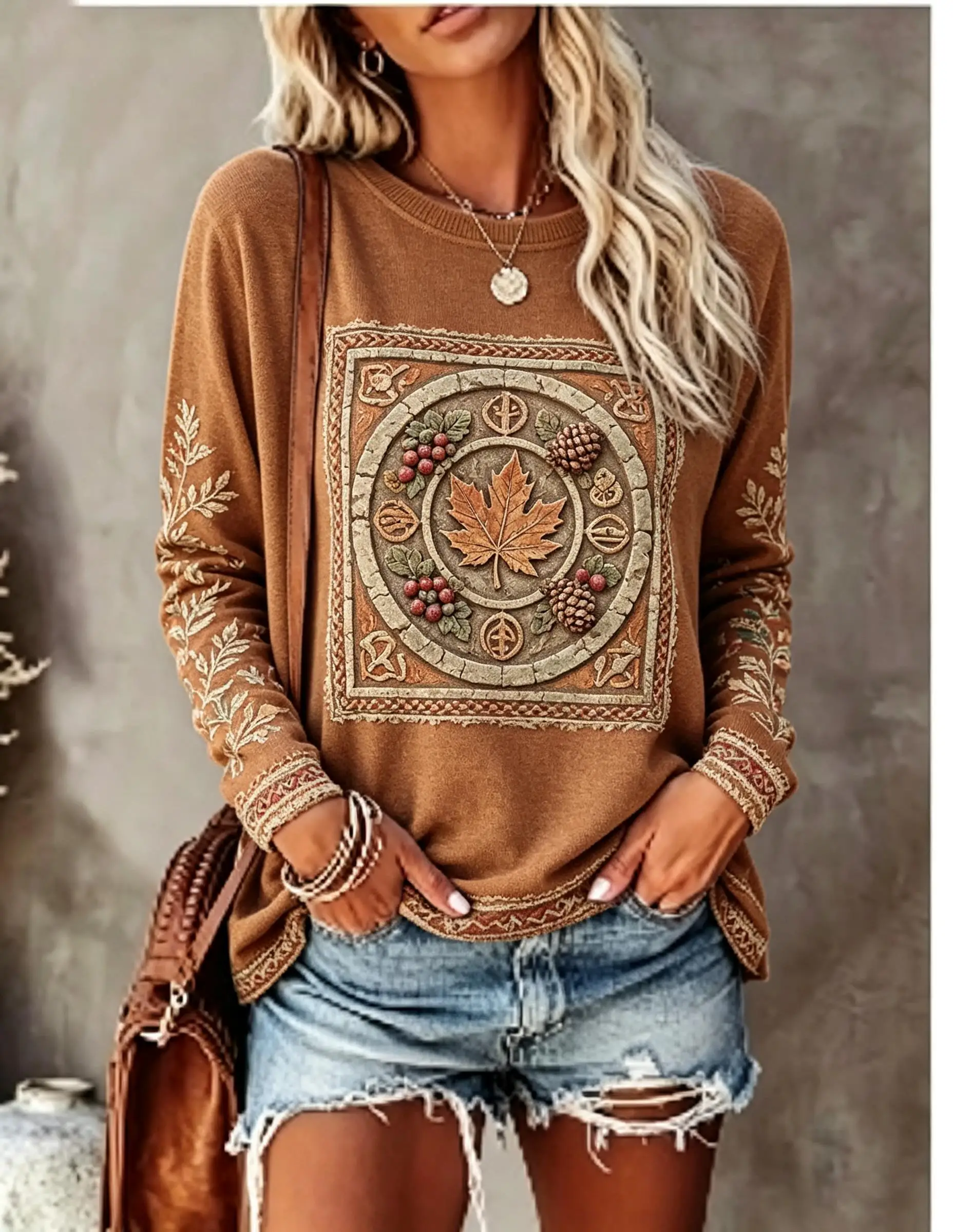 Women Crew Neck Long Sleeve T‑Shirt, Vintage Autumn Maple Leaf Pine Cone Floral Print Casual Loose Pullover Tops