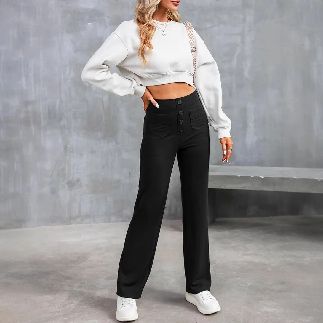 بنطلون نسائي كاجوال عالي الخصر مستقيم الساق من Faion مع أزرار خصر مرنة بتفاصيل ألياف البوليستر #2