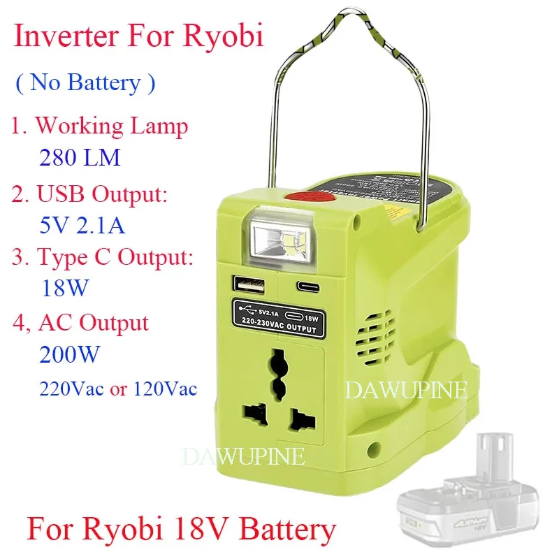 For Ryobi 18V Li-ion Battery Case 200W Inverter DC 18V AC 110V 220V Modified Sine Wave 280LM LED Light Type C USB Power Bank