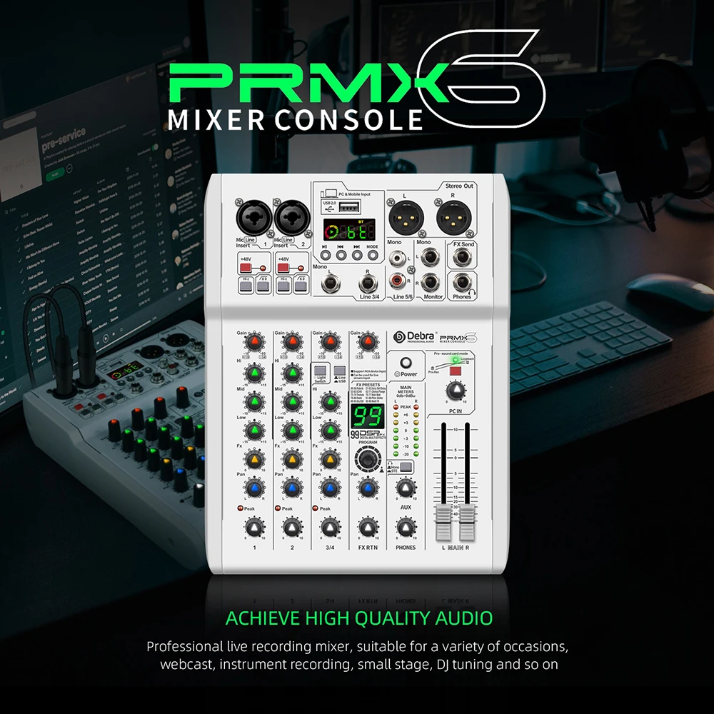 Debra PRMX-6 Stereo Audio Mixer Console USB/PC 99 DSP Effects with 5.0 BT Studio Quality 24bit/192k for DJ Musical Instruments