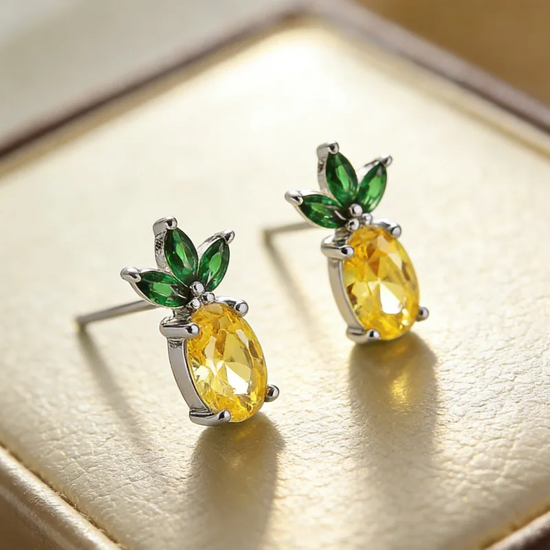 

Silver Stud Earrings Pineapple Fruit Dazzling Yellow Green Cute Simple For Women Girl Gift Jewelry Dropshipping Wholesale