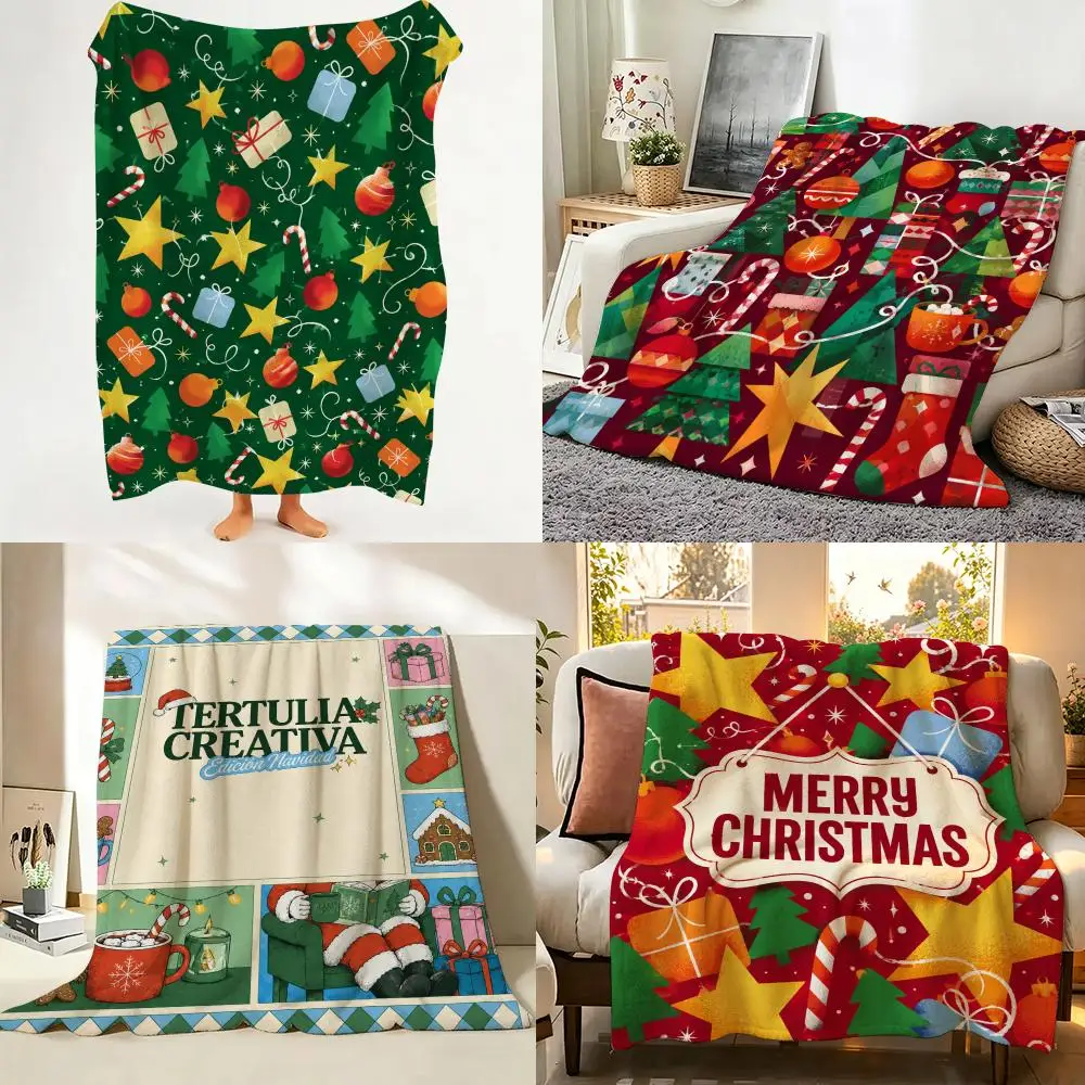 Retro Folk Santa Christmas Tree Halloween Collection Throw Flannel Throw Blanket Suitable warm for Sofa、Living Room、Bedroom soft