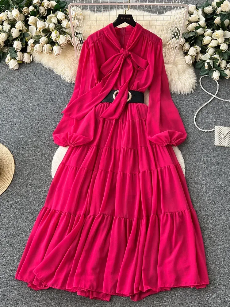 Women Autumn Dress French Vintage Leisure Time Bowtie Lace Up Lantern Long Sleeve Waist Wrapped Chiffon Slim Style Dress D4346