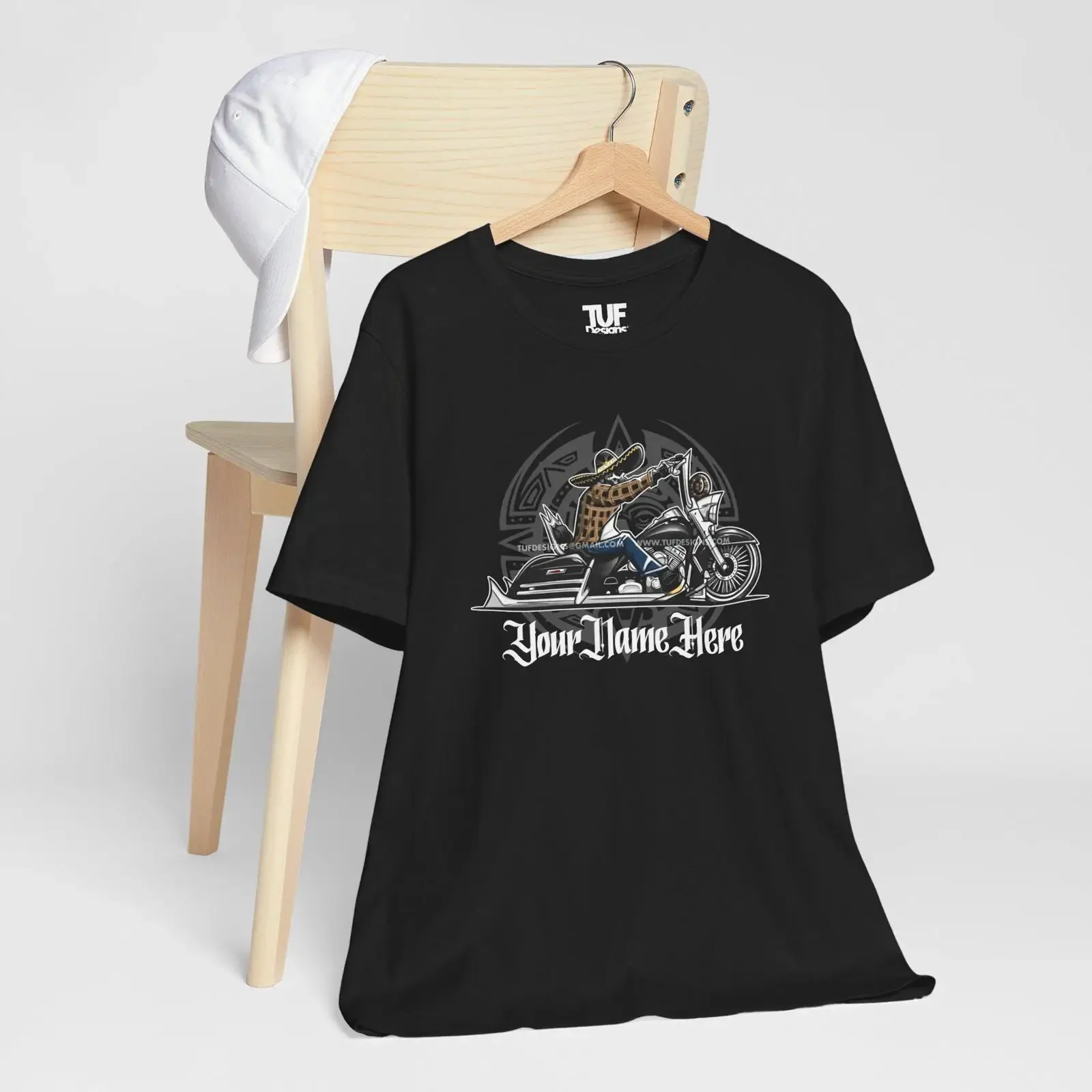 Camiseta Streetwear Vintage Lavada com Arte Personalizada de Nome, Esqueleto, Cholo Chicano, Motociclista, Lowrider, Custom Bagger