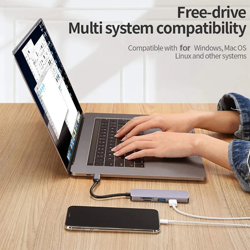 5-in-1 USB C 허브 도킹 스테이션, USB C타입 분배기, 4K HDMI 호환 어댑터, 노트북 맥북용 USB 3.0