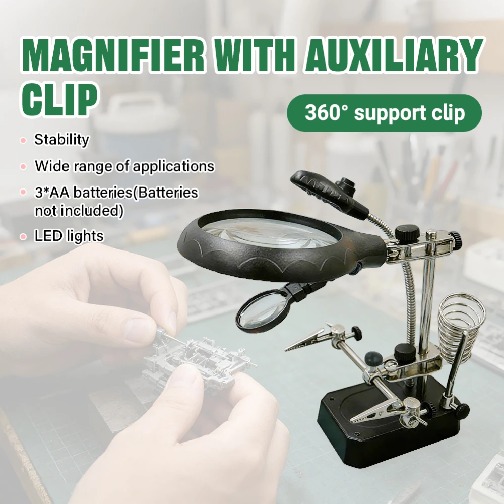 

Паяльная станция с 10-кратным увеличительным стеклом, 5 светодиодами и 2 зажимами типа «крокодил» — инструмент «третья рука» для сварки и точного ремонта