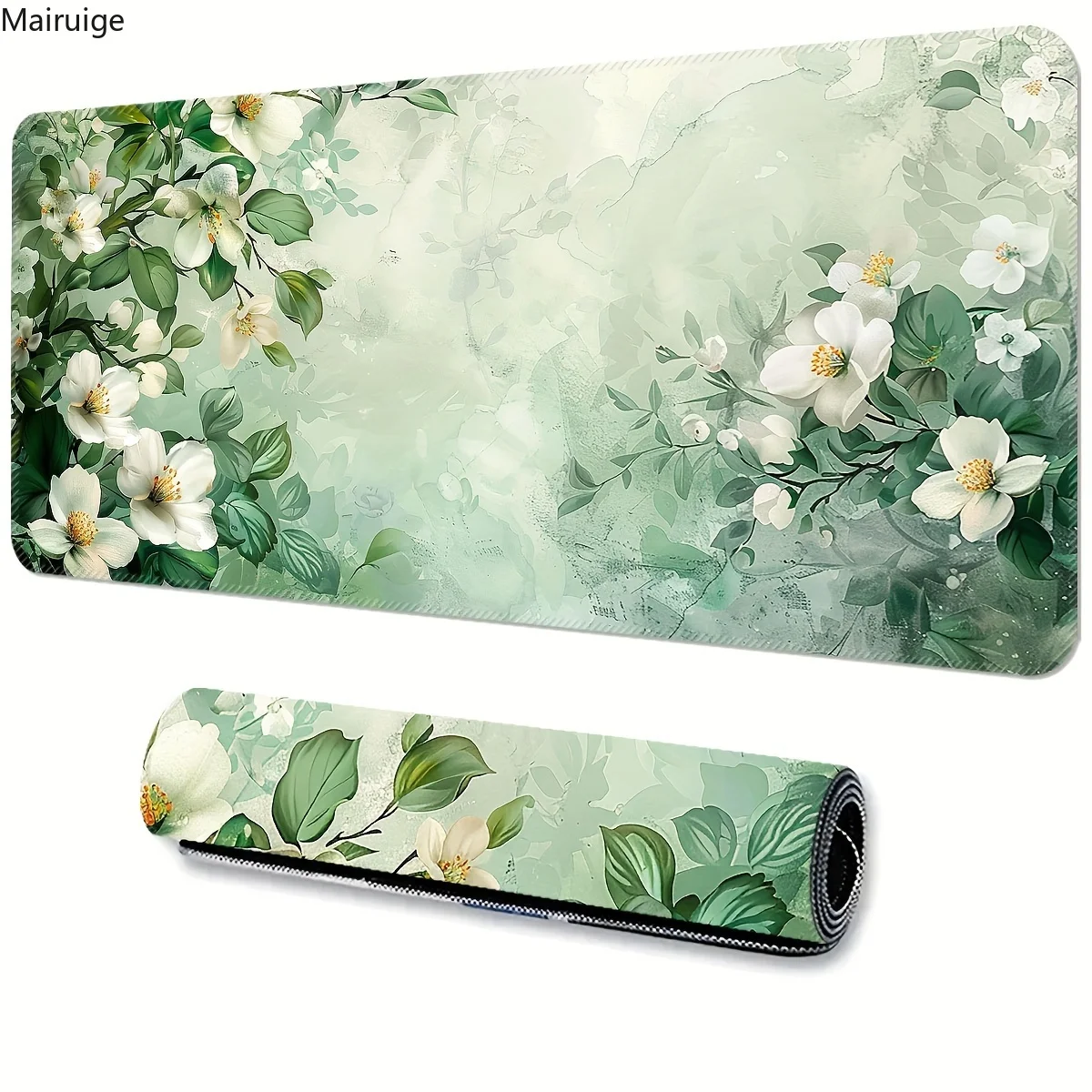 

Коврик для мыши с элегантными белыми цветами и зелеными листьями, компьютерный офисный игровой настольный коврик, резиновый противоскользящий коврик для клавиатуры и мыши