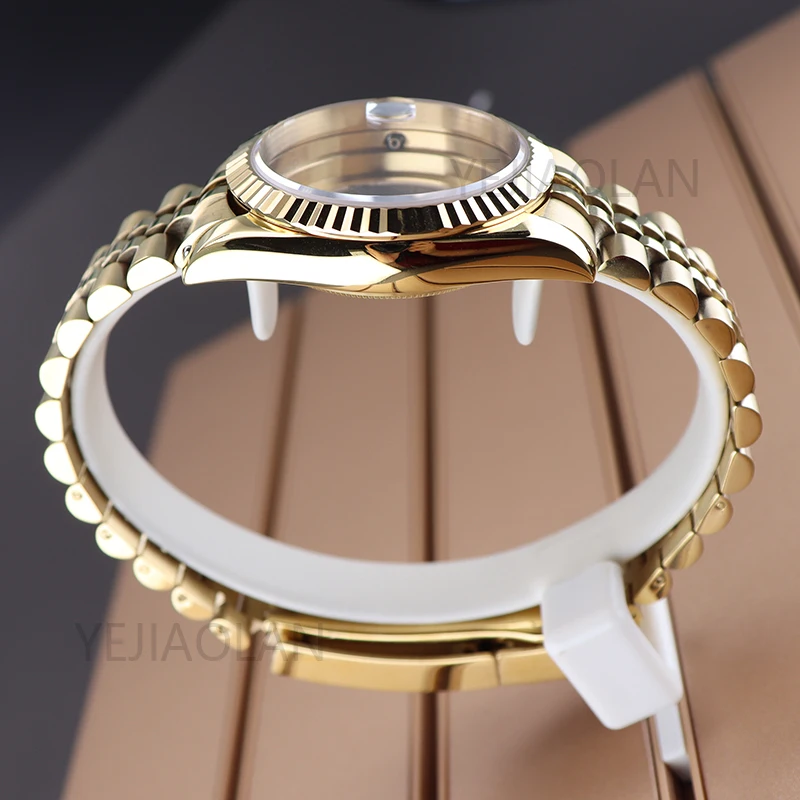 Caja de reloj curvada estriada dorada, 36mm, 39mm, zafiro para SK DJ NH35 NH36 NH38 NH34 Miyota 8215, movimiento, pulsera de Jubileo con esfera de 28,5mm