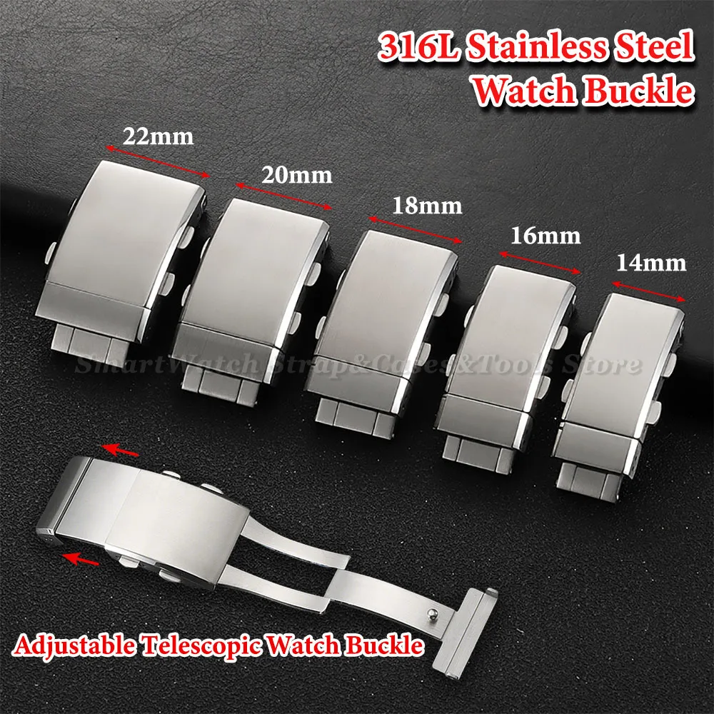 316L Solid Stainless Steel Watch Buckle 14/16mm 18mm 20mm 22mm Double Press Folding Watch Clasp Brushed Extendable Metal Buckle