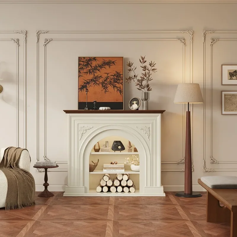 New Chinese fireplace cabinet French retro decorative cabinet Living room background wall electronic simulation fire entrance po