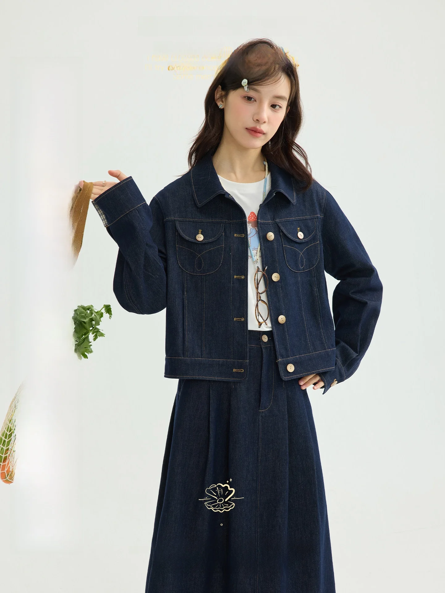 

Faionable Plaid Patchwork Jaet Skirt Pants Set New Denim Tee-piece Suit Women's Loose Fit Winter Collection