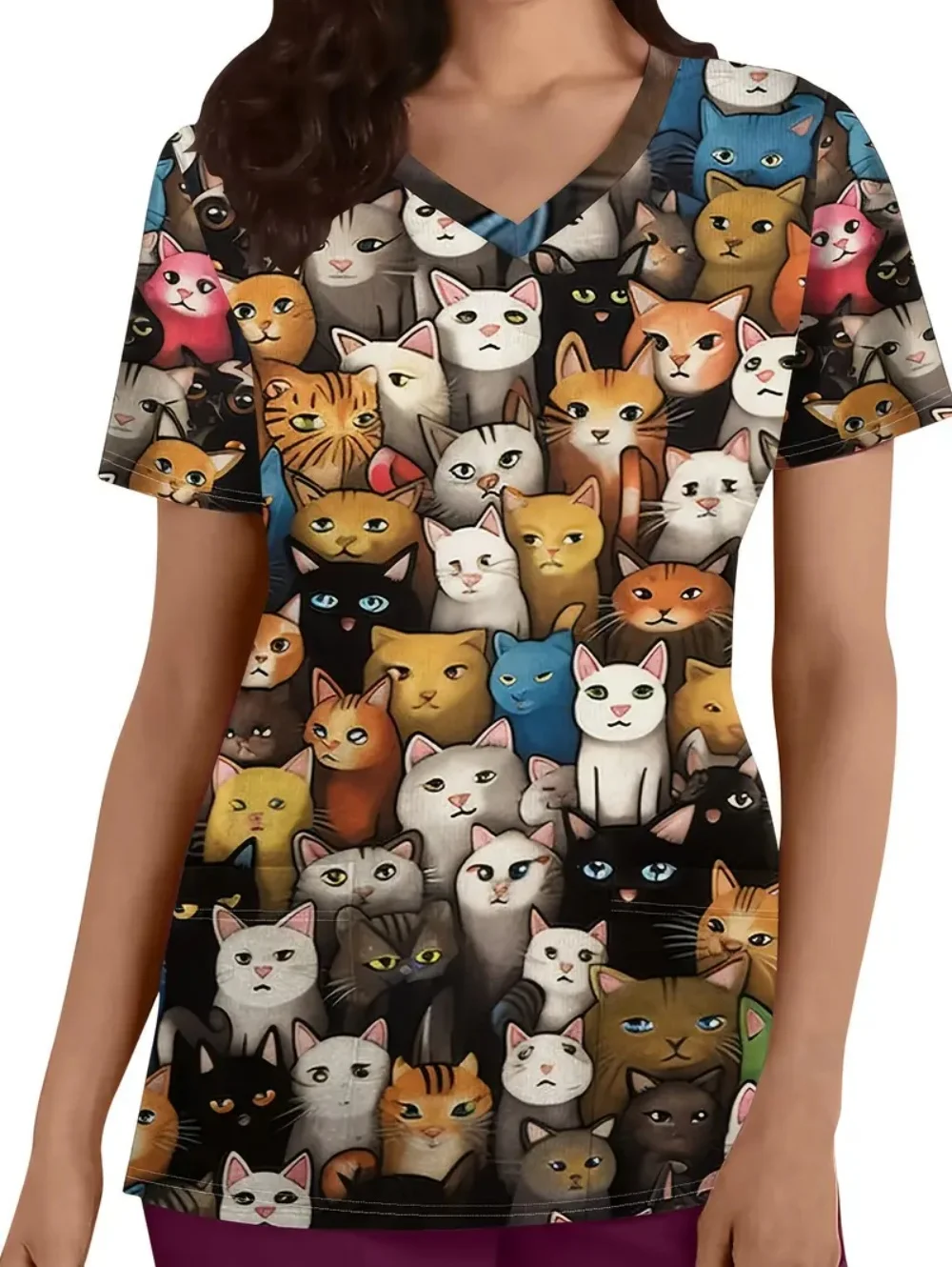 Uniforme chirurgical pour femme, motif de chat mignon imprimé, col en v, manches courtes, uniforme d'infirmière, hauts confortables avec poches, vêtements médicaux