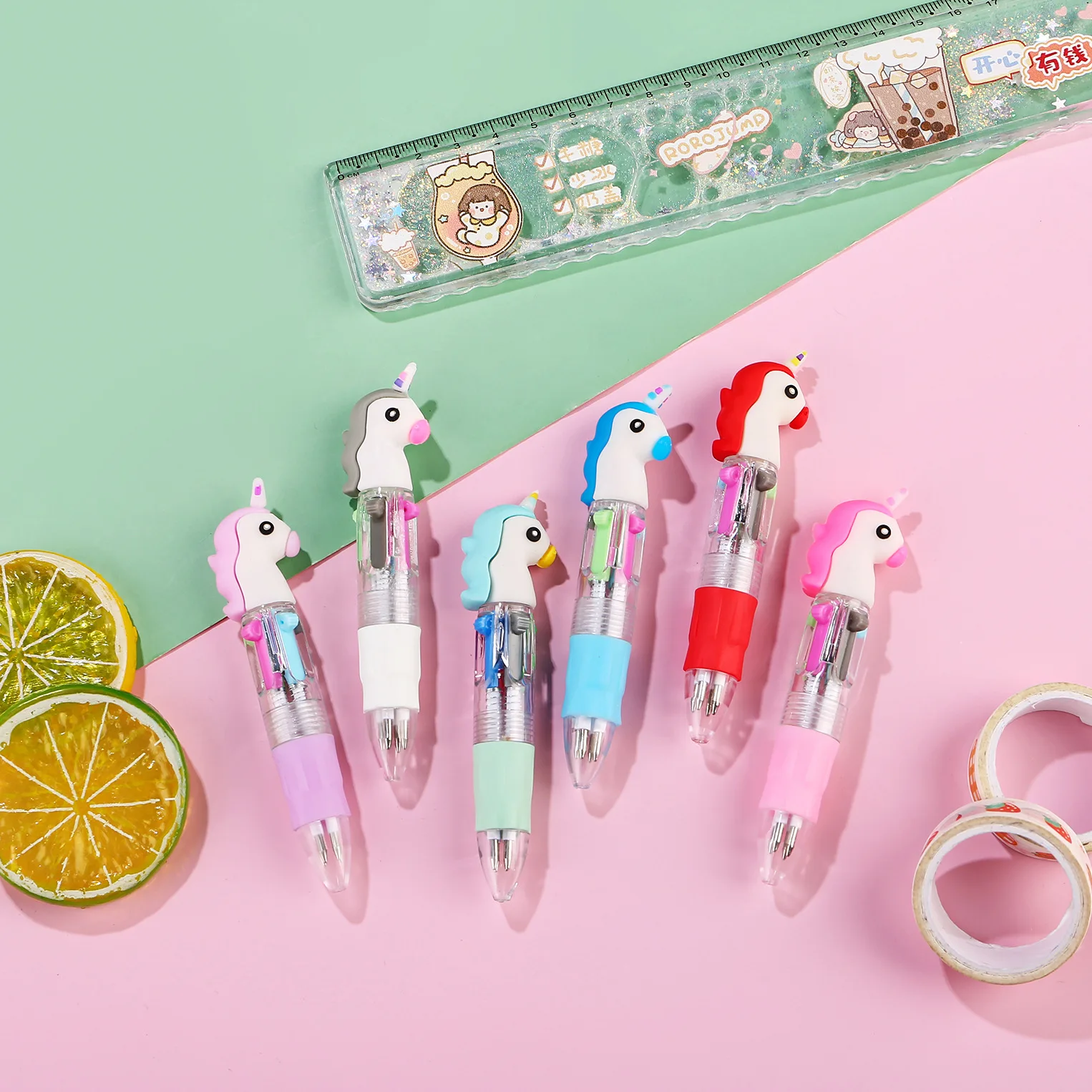 10 stks/partij Leuke Cartoon Eenhoorn Serie 4 Kleuren Balpennen Kawaii Mini Vier Kleur Potlood Pen School Kantoorbenodigdheden Geschenken