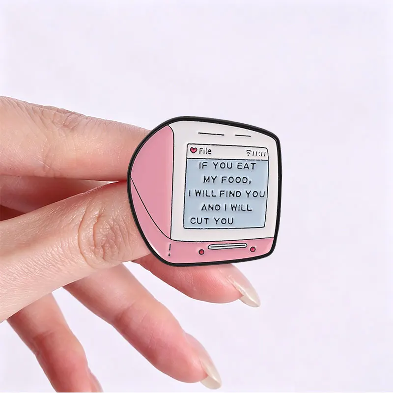 Wenn Du Mein Essen Essst, Werde Ich Dich Finden Emaille-Abzeichen Retro Rosa Computerbildschirm-Pin Humorvolles Warnzitat Metallbrosche Anstecknadel Geschenk – Detail 8