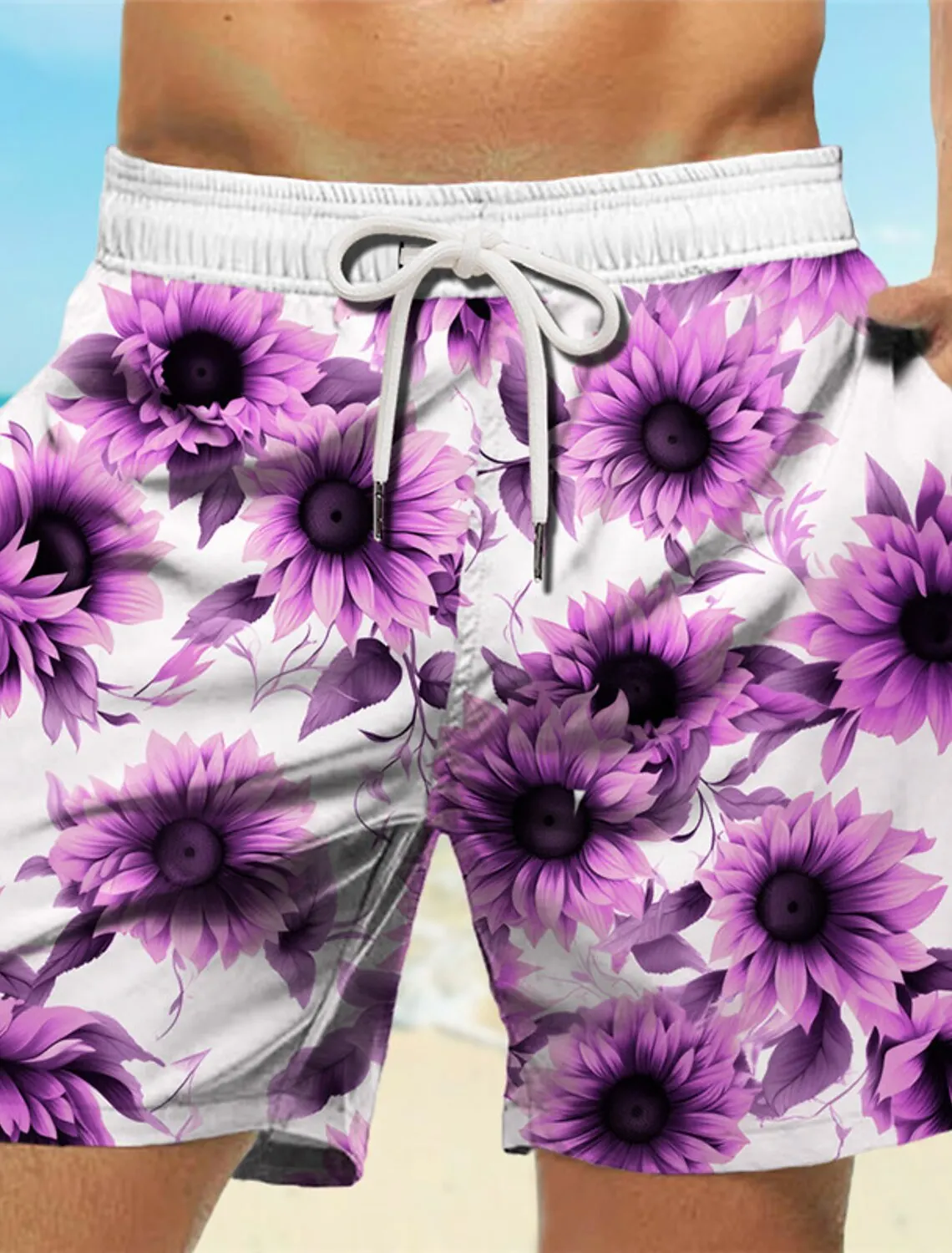 Tropical Sunflower Men's Resort 3D Printed Board Shorts Holiday Beach Swim Trunks Elastic Waist Drawstring Aloha Hawaiian Style