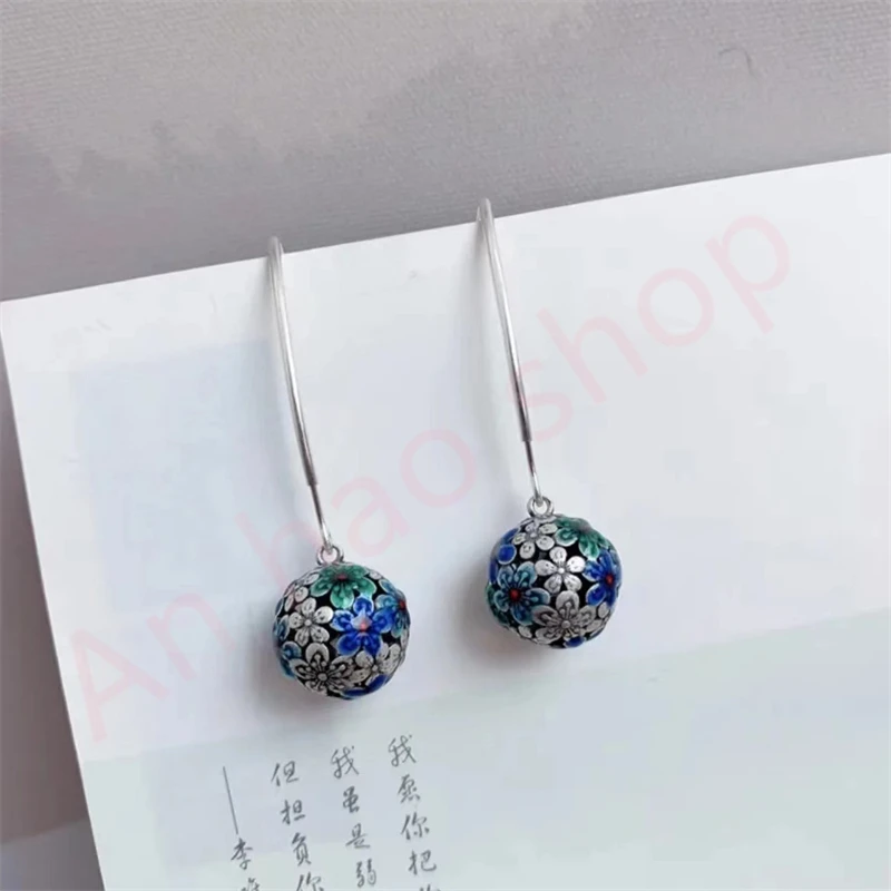 925 Silver Enamel Colored Five Happiness Flower Earrings, Retro Ethnic Style Personalized Earrings