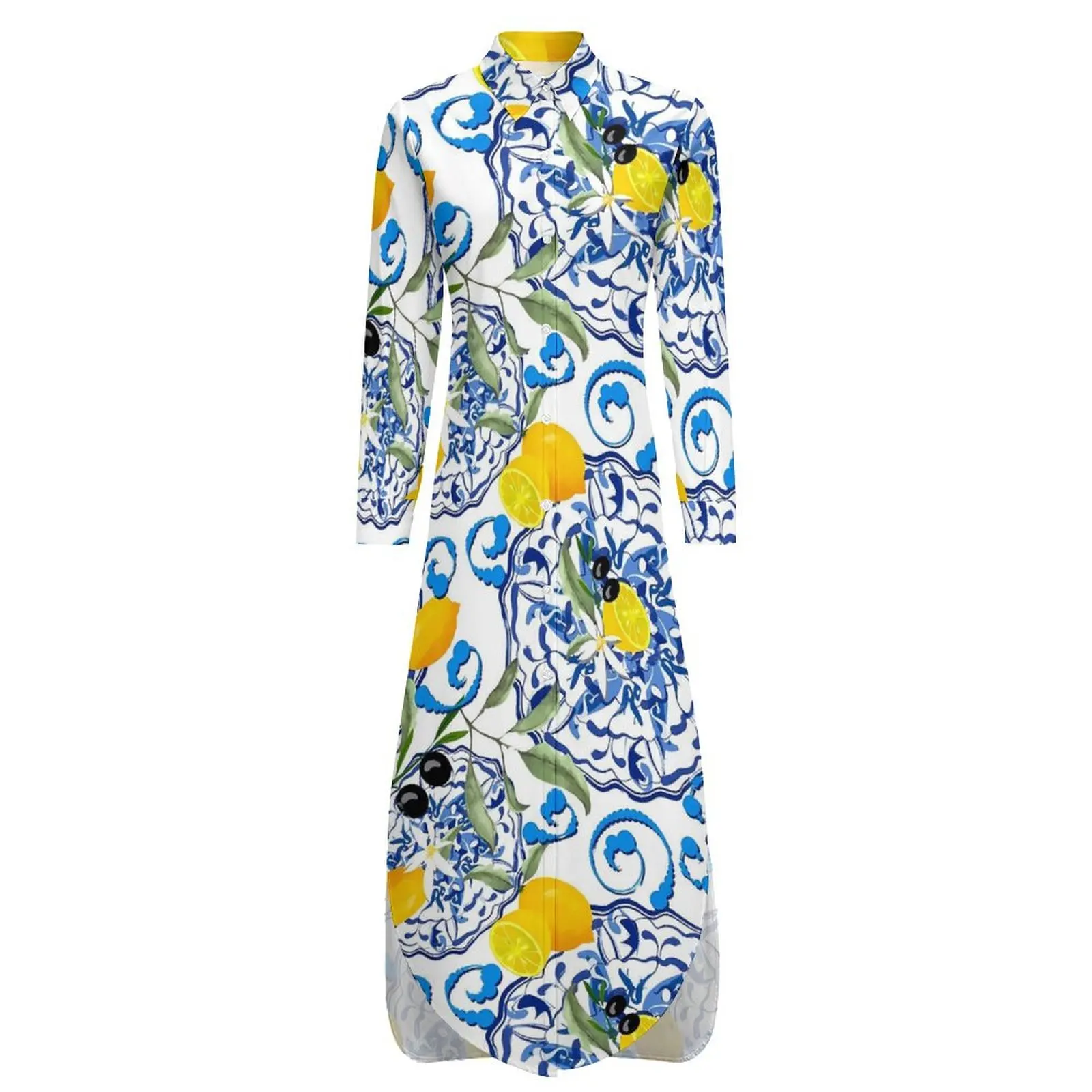Fruit Print Chiffon Dress Yellow Lemon Cute Dresses Women Long Sleeve Street Style V Neck Pattern Oversized Casual Dress