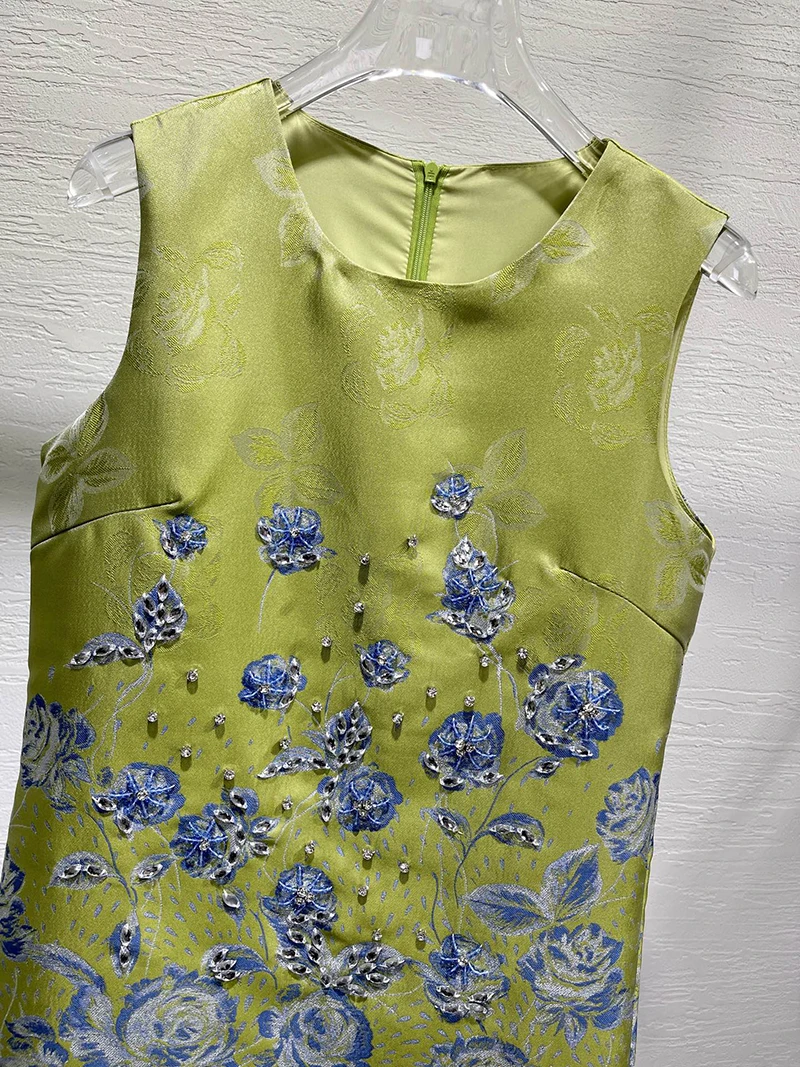MIUXIMAO 2025 แฟชั่น Royal Luxury Jacquard ฤดูร้อนชุด 3D ดอกไม้เพชรชุด A-LINE สั้นสีเขียวชุดผู้หญิง Vestides