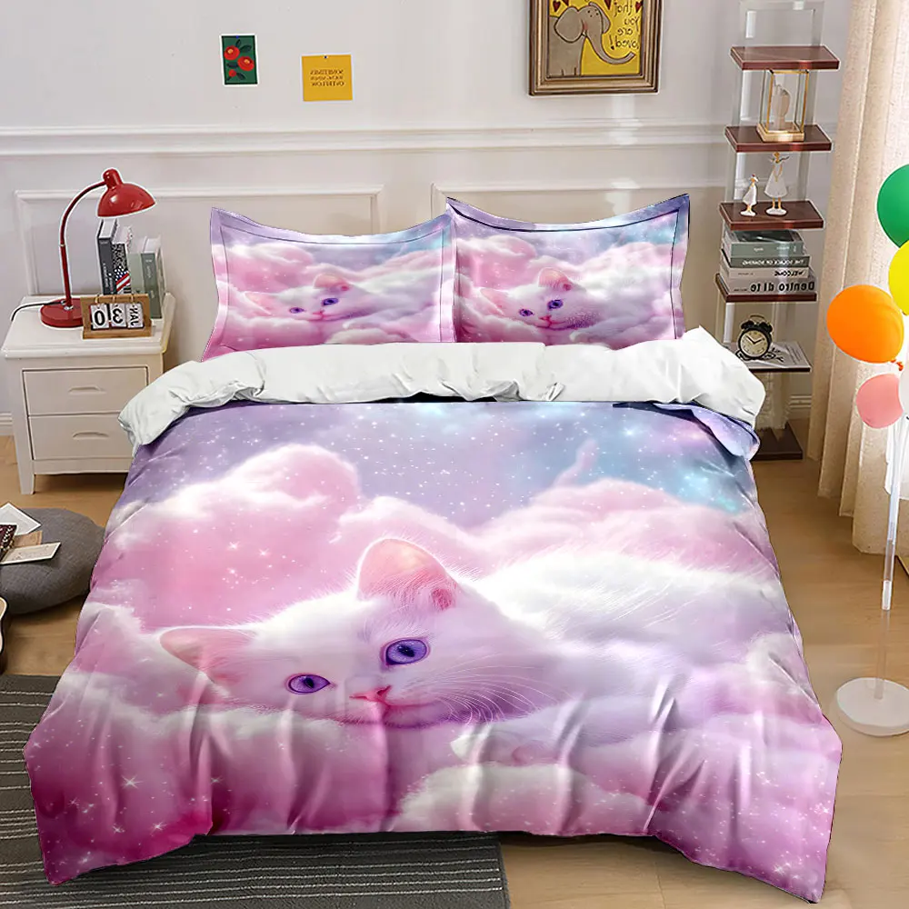 

White cat with purple eyes in clouds Print Bedding Set 1 Duvet Cover 2 Pillowcases for Adult and Children Luxury Gift Full Size