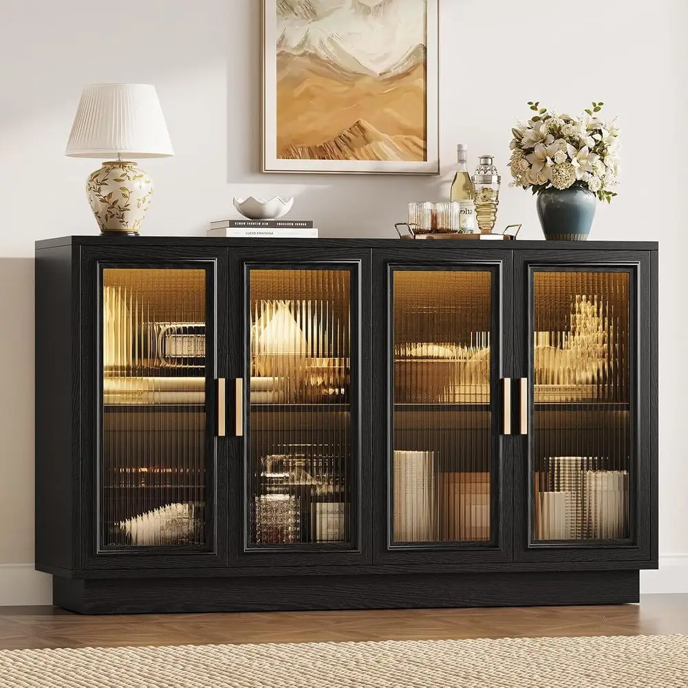 

55.1 Wooden Kitchen Buffet Cabinet with 4 Doors, Black LED-lit Large Buffet Table for Dining and Living Spaces