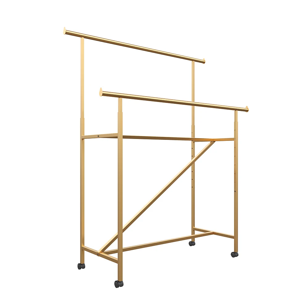Retail Store Industrial Pipe Garment Fixture Metal 2 Bar Portable Floor H Stand Women's Gold Clothing Rack Display