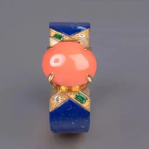 18K Gold Geometric Shape Pink Orange Natural Sapphire Lapis lazuli Ring Emerald Diamond Design Style