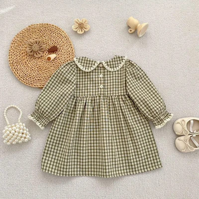 

Платье в клетку с воротником-стойкой для девочек, цельное, с длинным рукавом, повседневное, для сестер, детское, милое весеннее платье