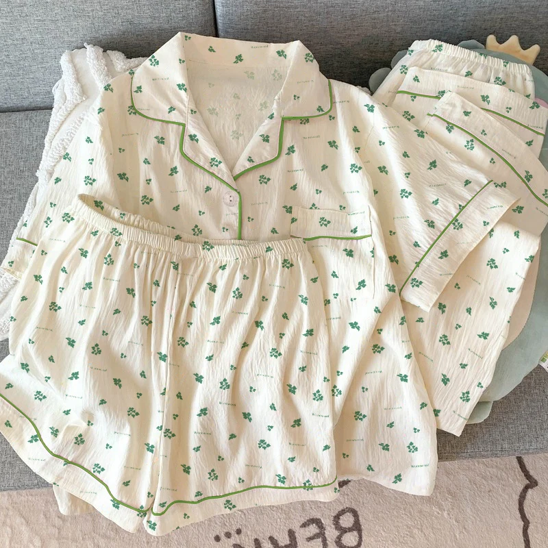 Женские пижамные комплекты, ночная рубашка с короткими рукавами, топ и брюки, одежда для сна из трех предметов, домашняя одежда, модный пижамный комплект с принтом, одежда для сна