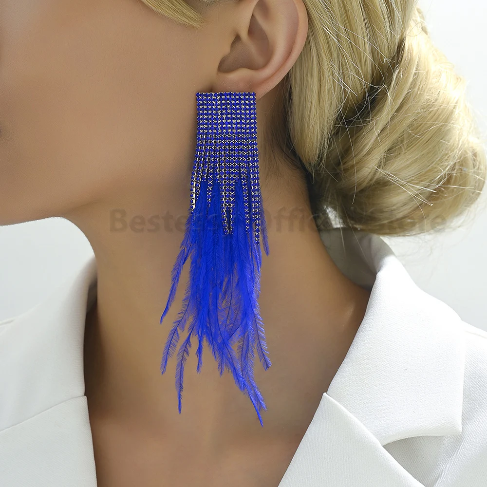 Fashion Long Feather Drop Earrings For Women Inlaid Shiny Crystal Luxury Elegant Tassel Design Ear Pendant Party Vintage Jewelry