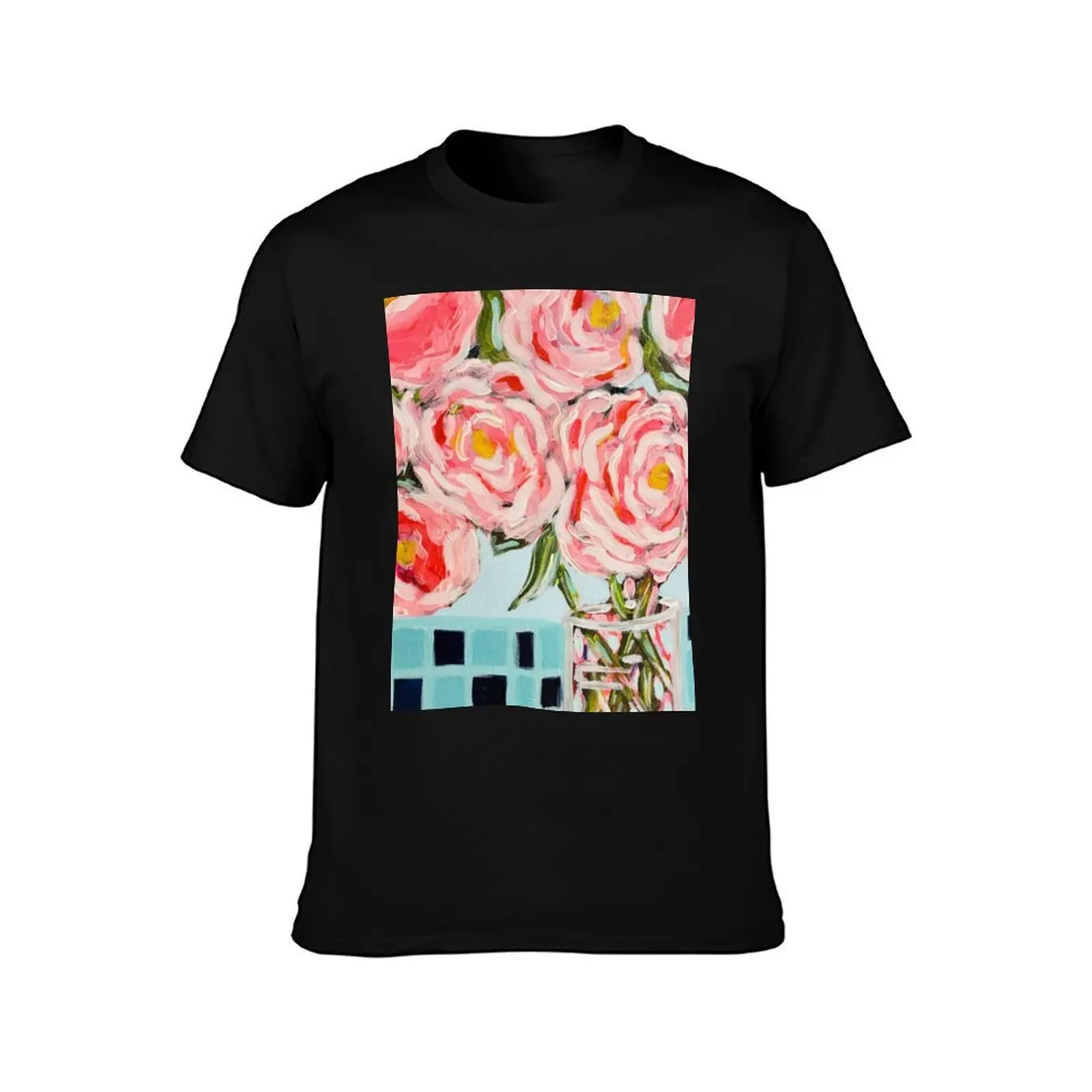 Pink Roses on Blue Check Table T-Shirt cotton t shirt man T-Shirt