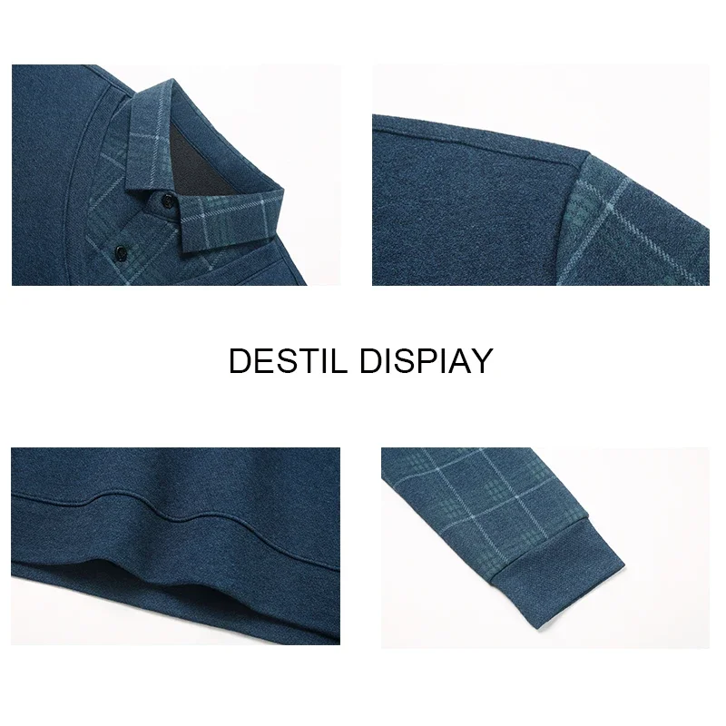 T-Shirt a maniche lunghe con risvolto da uomo invernale con peluche e calore addensato, camicia a due pezzi finta, maglione con colletto, camicia a maglia