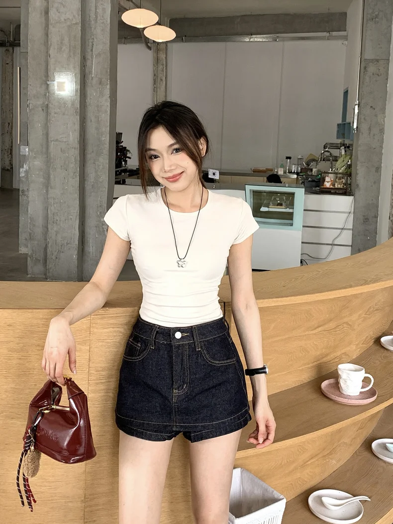 Deep Blue Denim A-Line  Skirt Women's Summer Versatile Slimming High Waist Retro Style Trendy Short Skirt for Young Ladies