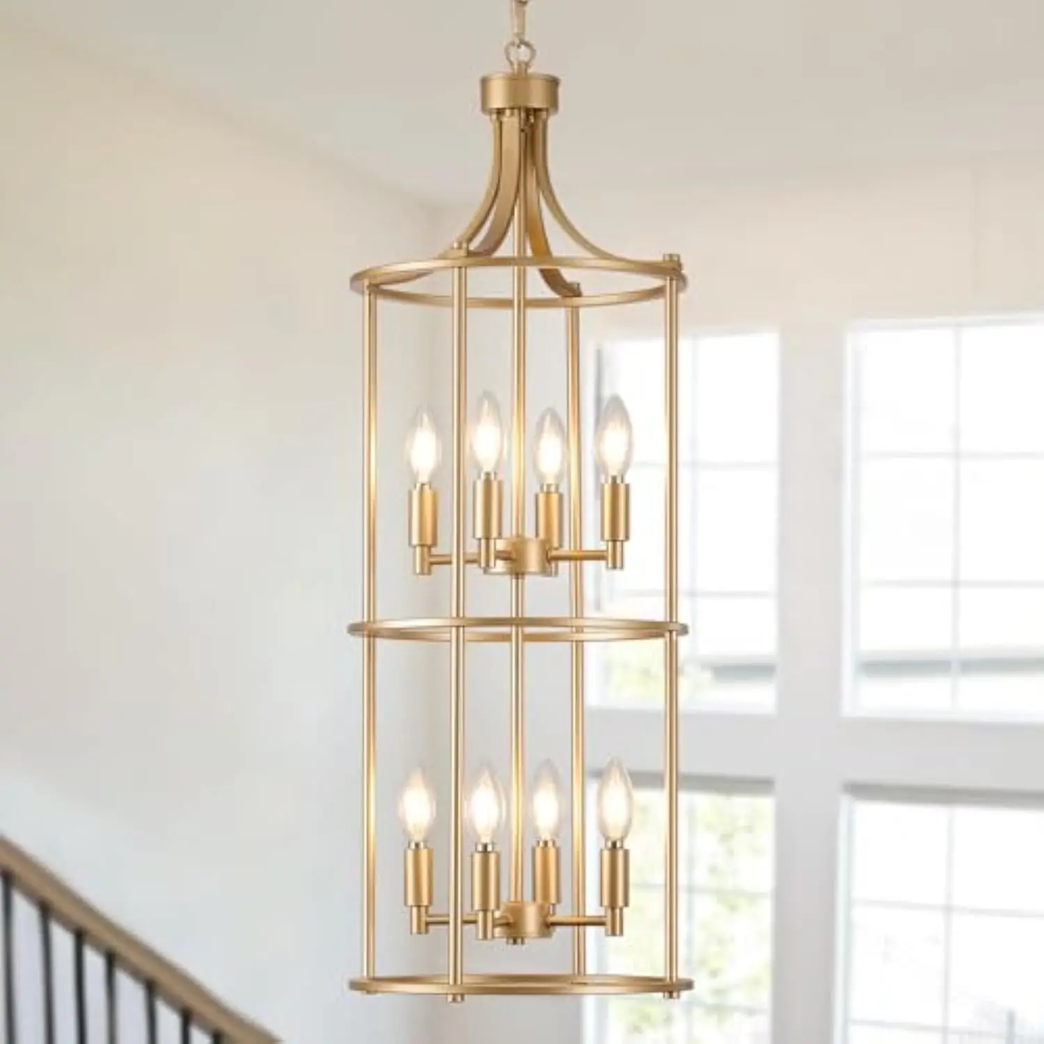 

Foyer Chandeliers for High Ceilings, Lantern Tiered Gold Chandelier Light Fixture Metal Modern Farmhouse Pendant Lights for Kit