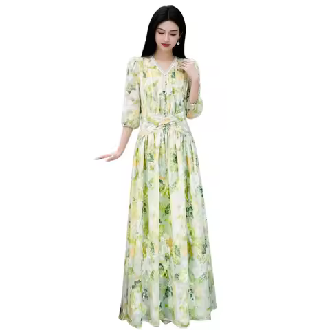 Spring Summer Chiffon Women Half Sleeve Floral Dress V-neck Puff Sleeve Party Dress Sweet Girls Green Party Evening Clothing