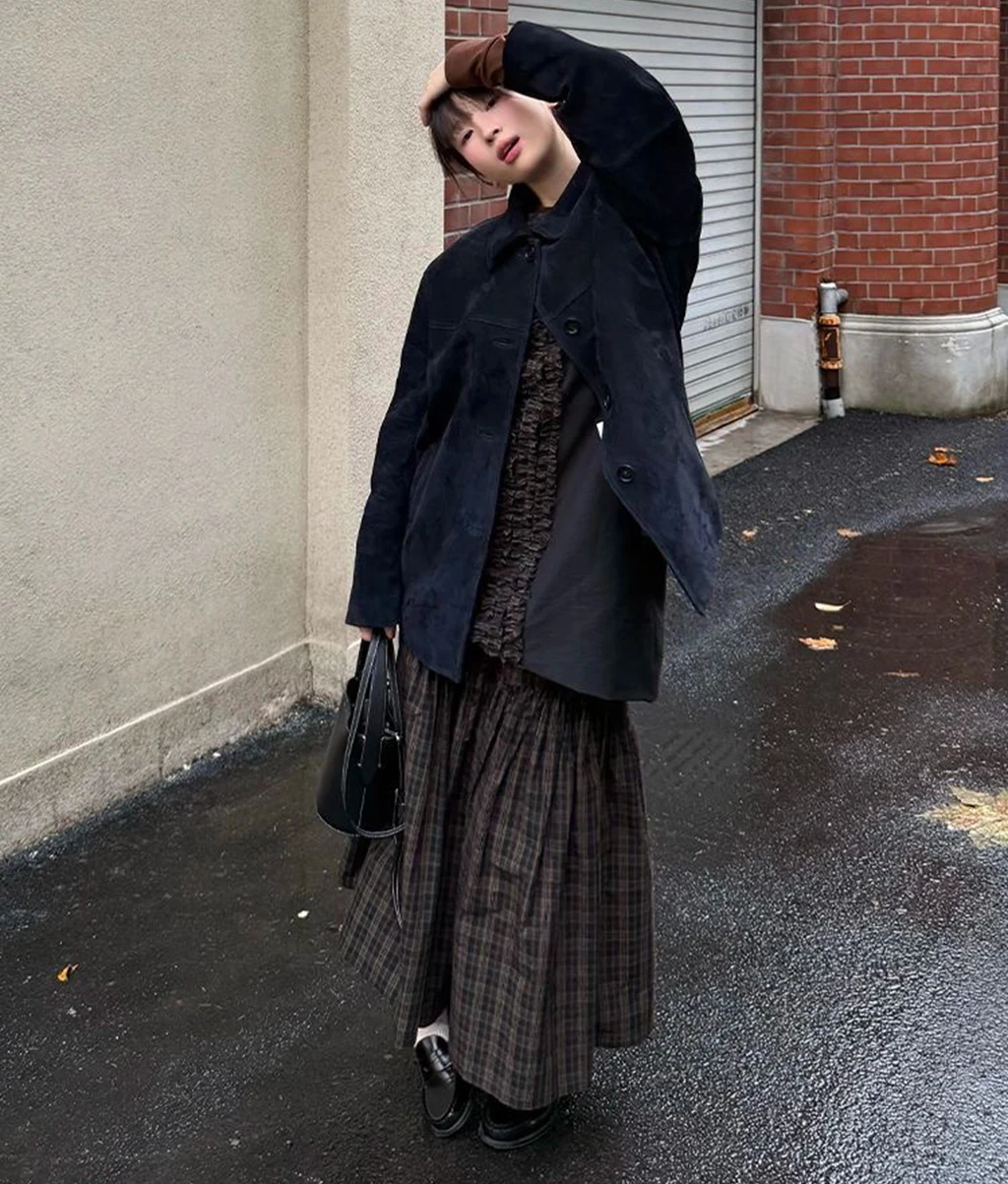 خمر منقوشة مطوي ميدي تنورة المرأة الخريف الشتاء عالية الخصر ألف خط سوينغ تنورة عادية فضفاض الرجعية التنانير الطويلة موضة Stre #2