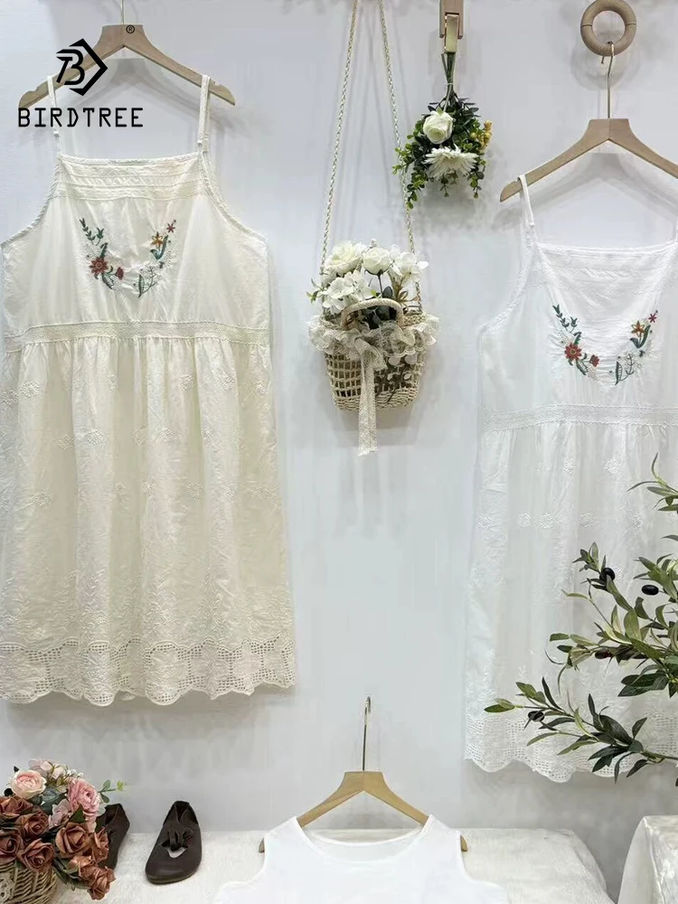 

New 2026 Summer Women Cotton Spaghetti Strap Dresses, Lace Embroidery, Mori Girl Preppy Style INS Loose A-line Dress D65560CC