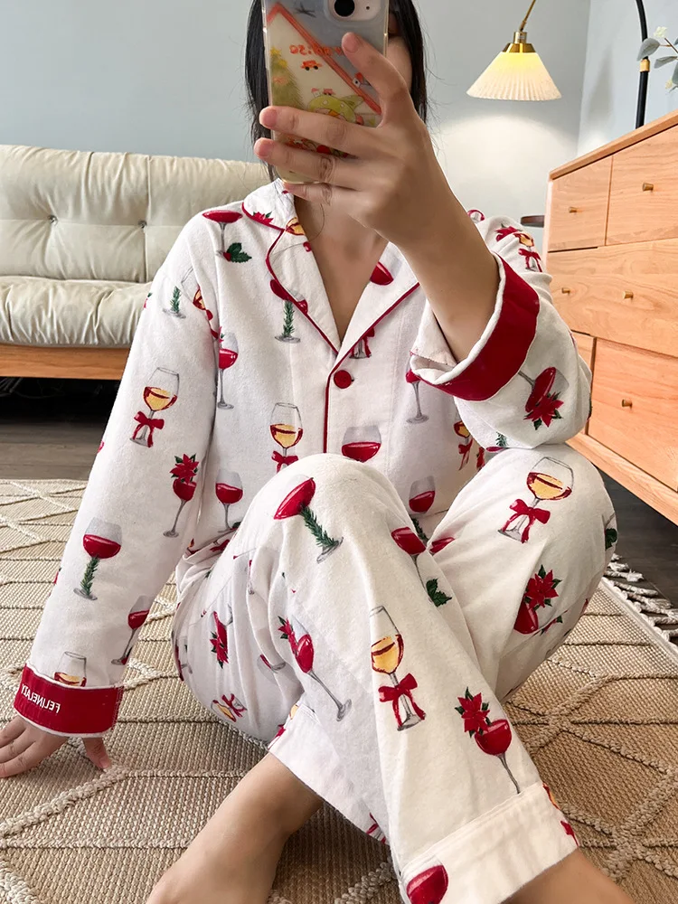 Damen Niedlicher Cartoon-Druck 100% Baumwolle Gebürstetes Pyjama-Set Frühling Herbst Langarm-Oberteil Lange Hose 2-teilig Loungewear Homewear – Detail 18