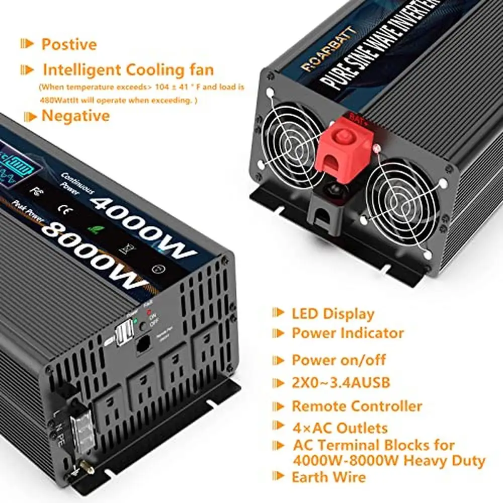 4000W Pure Sine Wave Power Inverter 12V DC to AC 110/120V Peak 8000W with Remote Control 4 AC Outlets Dual USB LED Display