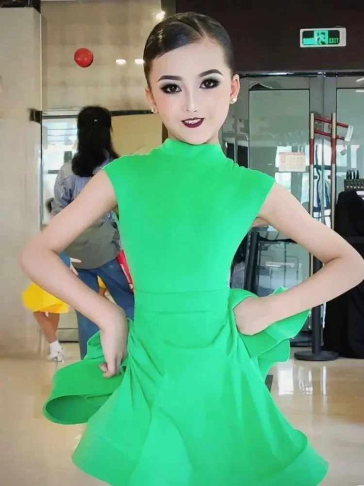 Groene ballroom latin korte mouw jurk meisjes amerikaanse dans rumba cha cha samba tango kostuum concurrentie praktijk slijtage kinderen